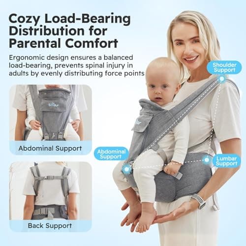 Bear Baby Carrier, 6-in-1 Baby Carrier Newborn to Toddler with Hip Seat (Ergonomic M Position) for 3-36 Month/ 7-44lbs Baby, Adjustable Size for Enhanced Lumbar Support, Perfect for On-the-go - Thumbnail 4