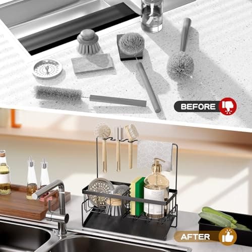 NAT MEYA Sponge Holder for Kitchen Sink,Stainless Steel Sink Caddy With Brush Holder and Dishcloth Holder,Sink Oragnizer Kitchen Countertop Dish Soap Dispenser Set,Multifunctional Sink Organizer Caddy - Thumbnail 6
