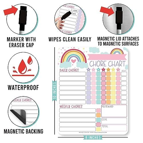 Hadley Designs Magnetic Chore Chart for Kids – Reward Chart for Kids, Dry Erase Responsibility Board for Children at Home, Fridge Behavior Tracker for Daily & Weekly Tasks, Rainbow Toddler Chore Board - Thumbnail 5