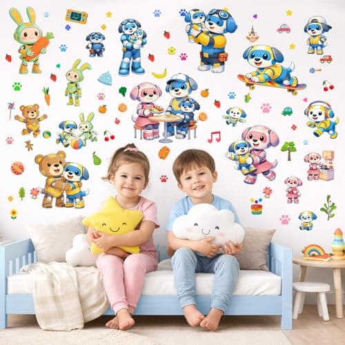 Humerry 176 PCS Robot Dog Family Wall Stickers, 6 Sheets Large Removable Peel and Stick Cartoon Puppy and Their Friends Wall Decals for Nursery, Playroom and Bedroom Decor - Thumbnail 6