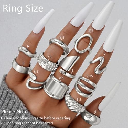 17 MILE 12 PCS Chunky Silver Rings for Women, Statement Open Stacking Rings, Stackable Knuckle Band Ring Set - Thumbnail 2