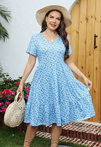 Younrui Plus Size Midi Floral Dress for Women Tiered Flowy Babydoll Casual Summer Wedding Guest Aline Dresses (1XL-1001-Blue Daisy) - Thumbnail 3