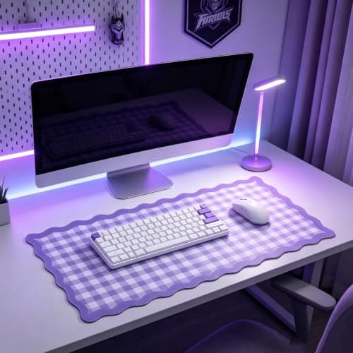 yuboo Scalloped Purple White Gingham Desk Mat, 31"×15.7" Rubber Vintage Cottagecore Aesthetic Kawaii Gaming Plaid Mouse Pad, Grid Checkered Desktop Pad for Office Cubicle Decor, Back to School Gift