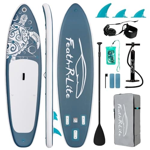 FEATH-R-LITE Inflatable Paddle Board Stand Up Paddleboards for Adults SUP with Premium Accessories Pump, Adjustable Paddle, Leash, Three Fins, Backpack (Gray)