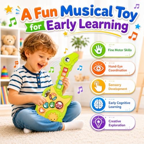 Toys for 1-3Year Old Boy Gift,2-in-1 Electric Guitars,12-18 Month with Spanish Animal Sound and Light Dinosaur Musical Guitar Piano Toys,Learning Educational Gift for Toddlers - Thumbnail 3