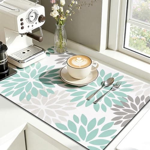Findosom Floral Dish Drying Mat, 12" x 20" Super Absorbent & Hide Stain Coffee Mat, Cuttable Drying Mat for Kitchen Counter, Under Dish Rack, Coffee Maker, Espresso Machine, Teal - Thumbnail 6