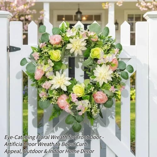 24" Pink and Green Rose Wreath - Artificial Mixed Floral Wreath with White Dahlia & Hydrangea - Spring Summer Welcome Sign for Front Door, Boho Farmhouse Porch Decor - Thumbnail 5