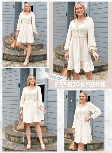 Dokotoo Long Sleeve Dress for Women 2026 Fall Casual Smocked Ruffle Sweetheart Neck Empire Waist Elegant A-Line Mini Dress Apricot X-Large - Thumbnail 6