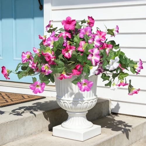 Flortevera Artificial Fake Flowers Plants for Outdoor UV Resistant, 2PCS Silk Faux Petunias No Fade Summer for Outside Planter Front Door Porch Yard Patio Balcony Realistic Decoration Fuchsia White