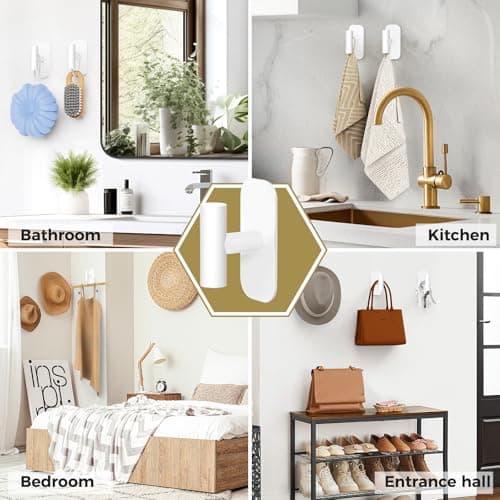IMUMU Adhesive Towel Hooks for Shower,Waterproof Heavy Duty Bathroom Hooks,Wall Mounted Sticky Hangers for Coats/Aprons/Robes,No Drilling(White,2 Pack) - Thumbnail 3