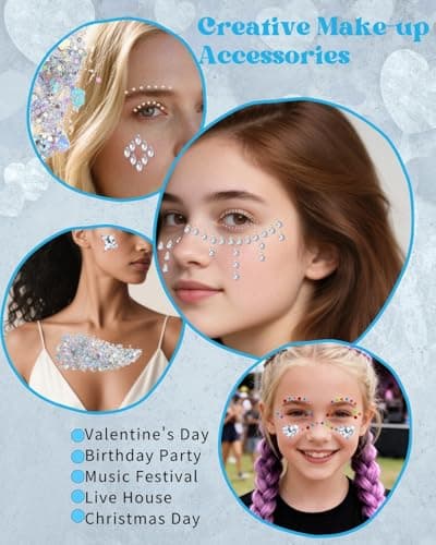 1440pcs Face Glitter Gems Set for Women: 6 Face Body Glitter Gel & 4 Self Adhesive Gem Stickers, Sparkly Rhinestone Stickers Hair Jewels Kit Girls Valentines Party Makeup Accessories (Water Droplets) - Thumbnail 4