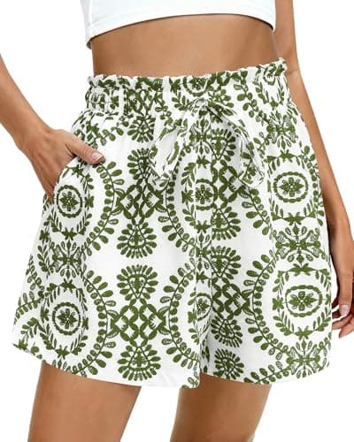 BTFBM Womens Shorts Dressy Casual Summer Spring Outfits 2026 Floral High Waist Wide Leg Loose Boho Vacation Beach Shorts(Army Green, Small) - Image 1
