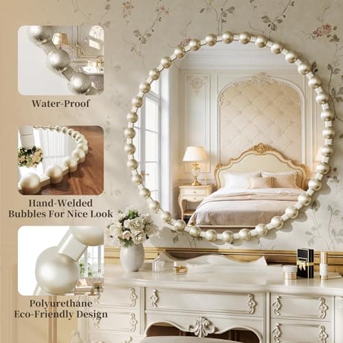 WISSMIELS Round Vanity Wall Mirror, 36 Inch Beaded Frame Circle Mirror for Bathroom, Bedroom Dresser, Entryway, Living Room, Decorative Hanging Wall Mirror, Silver - Thumbnail 4
