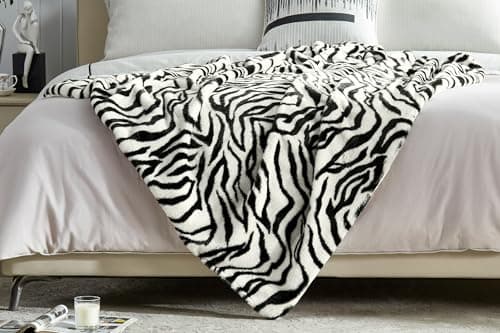 JONIYEAR Soft Fluffy Zebra Print Faux Rabbit Fur Throw Blanket 50" x 60", Luxury Cozy Shaggy Fuzzy Blankets, Reversible Cute Warm Animal Printed Blanket for Women Winter,Washable,Cream White and Black - Thumbnail 4