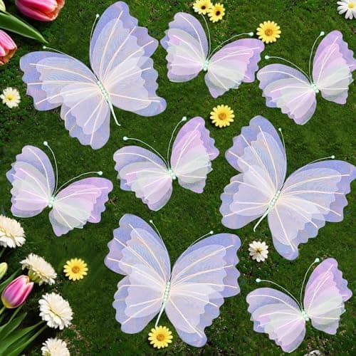 8 Pcs Large & Small Purpler Butterfly Decorations, 3D Silk Butterflies Wall Decor with 3 Big 20 Inch & 5 Small 12 Inch Butterflies for Wedding, Baby Shower, Birthday Party, Nursery & Event Decoration - Image 1