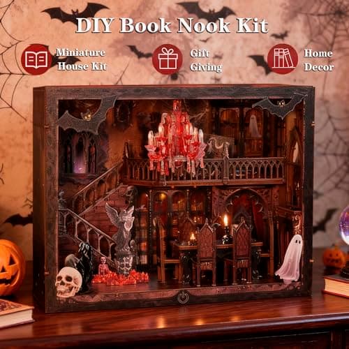 Joibabe Haunted Manor DIY Miniature House Kit with LED Lights - Gothic Book Nook Decor, 3D Wooden Puzzle for Adults, Halloween Home Decoration (AAA Batteries Not Included) - Thumbnail 2