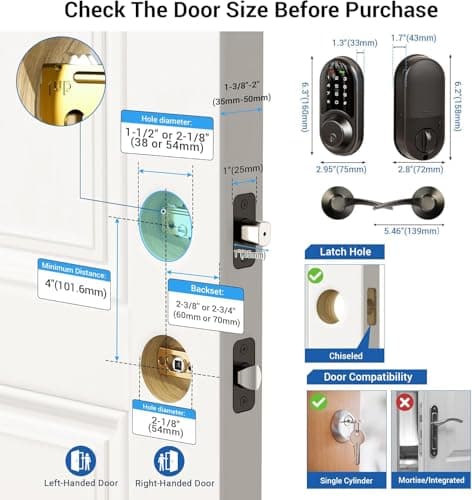 Veise RZ06B Smart Locks for Front Door, 2 Lever Handle Set, Keyless Entry Deadbolt, App Control, Electronic Digital Touchscreen Keypad, Auto Lock, IP54 Waterproof, Easy Installation, Matte Black - Thumbnail 6
