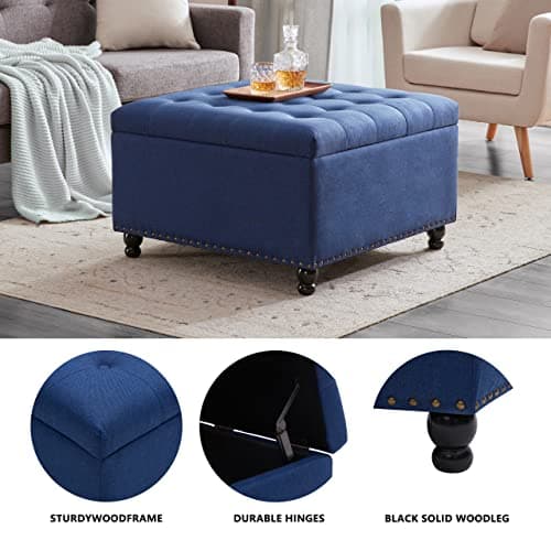 Tbfit Large Square Tufted Upholstered Ottoman and Coffee Table with Storage, Oversized Footrest Bench for Living Room Bedroom, Blue - Thumbnail 4