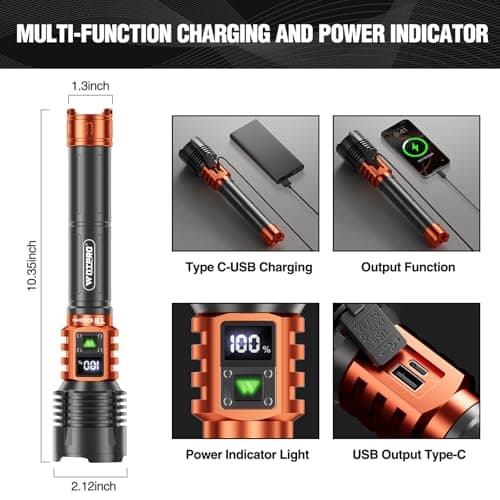 Wdtpro Rechargeable LED Flashlights High Lumens, Super Bright 90,000LM Rechargeable Flashlight with LCD Display, 5 Modes & Waterproof Powerful 10000mAh Handheld Flashlight for Camping Emergency Orange - Thumbnail 4