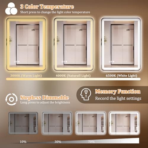 24"x32" LED Bathroom Mirror with Lights, Front and Backlit, Stepless Dimmable, Lighted Mirror for Bathroom Wall, 3 Colors Dimmable Vanity Mirror with Lights, Anti-Fog, Shatter-Proof Glass(Round) - Thumbnail 3