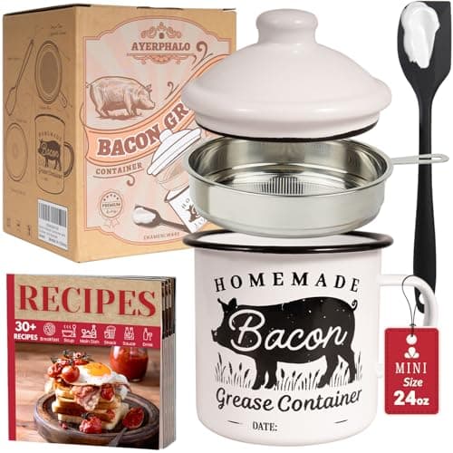 Ayerphalo Bacon Grease Container with Strainer - With Food-Grade Silicone Spatula, 24oz Enamel Rustic Farmhouse Fat Container, Keeper, Recipes, Dishwasher Safe