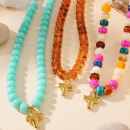 CelyBoutique Colorful Resin Chunky Beaded Necklace for Women Modern Statement Choker Necklace with Gold Tone Cross Pendant Boho Summer Jewelry Gift - Thumbnail 4