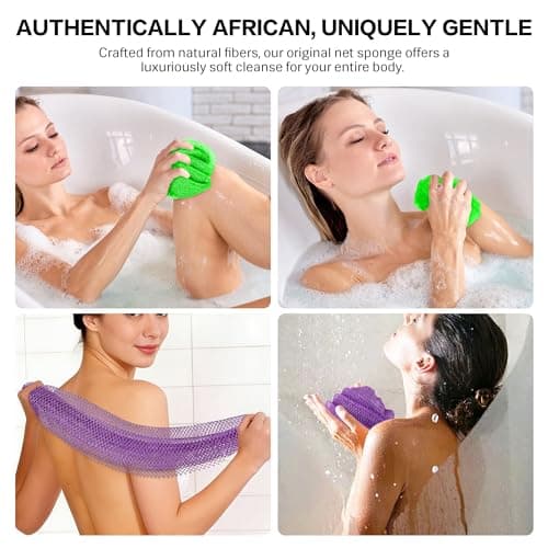 UJFQBH Authentic African Net Sponge - 2 Pcs Natural Exfoliating Net Scrubber, Gentle for Sensitive Skin, Deep Clean Body, Back & Legs, Fast Drying & Odor-Free（Green & Purple） - Thumbnail 2