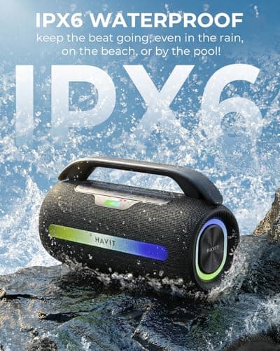 havit 120W Loud Bluetooth Speaker with Deep Bass, IPX6 Waterproof Outdoor Party Speaker, RGB Lights, 12H Playtime, TWS Pairing, Portable Speaker for Beach, Camping, Backyard - Thumbnail 4