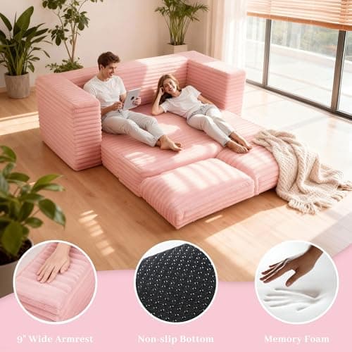 HABUTWAY Convertible Folding Sofa Bed Couch,3 in 1 Pull Out Couch Bed,Loveseat Sleeper Sofa Bed,Boneless Couches with Pillows for Living Room Bedroom, Light Pink - Thumbnail 3