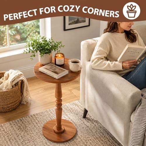 Small Side Table for Small Spaces - Modern Accent End Table with Solid Wood Top and Pedestal Leg - Compact Drink Table for Corners, Sofa, Couch - Perfect for Office, Livingroom, Bedroom - Thumbnail 6
