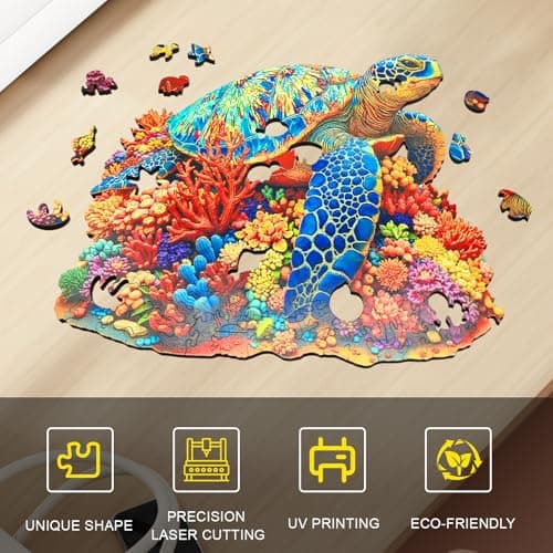 Sea Turtle Wooden Puzzles for Adults 200 Piece, Colorful Coral Turtle Jigsaw Puzzles for Adults and Kids, 5MM Unique Ocean Animal Shaped Wooden Puzzles, Creative Gift for Friend Family Game 11*10.4in - Thumbnail 6