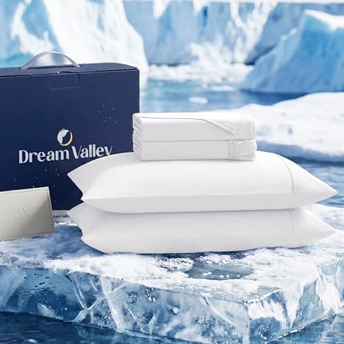 Dream Valley® Cooling Sheets Twin Size, Cooling Fitted Breathable Bed Sheets & Flat Sheet with 1 Pillowcase-3 PCS for Night Sweats & Hot Sleepers, Q-Max >0.45 Aerocool, Deep Pocket 16",Cloud White
