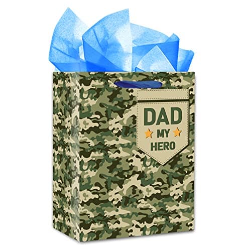 WaaHome Happy Fathers Day Gift Bags with Tissue Paper 11.5''x9''x5'' Medium Fathers Day Gift Bag for Dad from Daughter Son, Dad My Hero Wrapping Paper Bag for Soldier Military Dads - Image 1