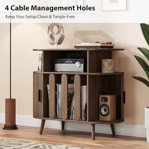 Azaeahom Record Player Stand with Vinyl Storage, Record Player Table with Charging Station, Record Holder & Record Shelf for 150+ Albums, Vinyl Record Storage Cabinet, Turntable Stand for Living Room - Thumbnail 4