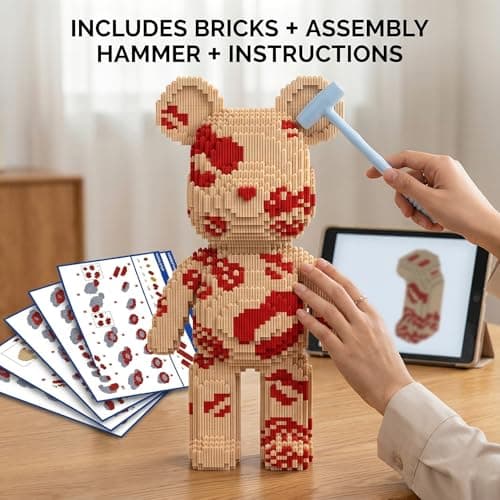 SehrKlug 16.9" Kiss Bear Teddy Blocks Building Set for Adults, Ages 14+, Micro Brick DIY Model Kit Challenge, Collectible Home Decor for Office or Bedroom, Screen-Free Stress Relief, Birthday Gifts - Thumbnail 4