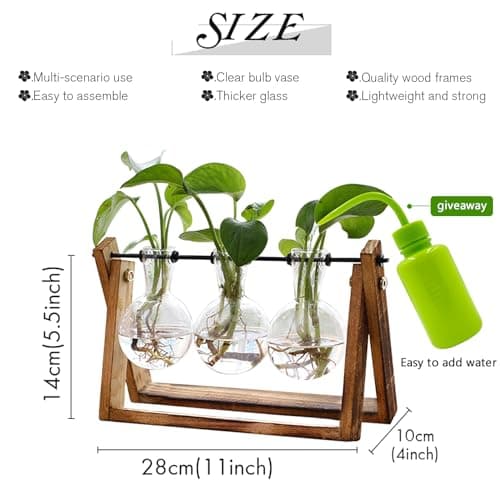 XXXFLOWER Plant Terrarium with Wooden Stand, Air Planter Bulb Glass Vase Metal Swivel Holder Retro Tabletop for Hydroponics Home Garden Office Decoration - 3 Bulb Vase - Thumbnail 2