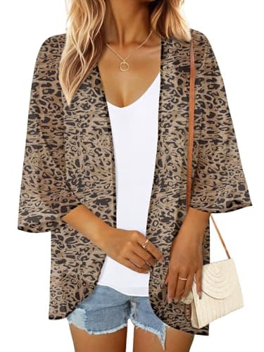 GKBK Woman Floral Print Puff Short Sleeve Shawl Chiffon Kimono Cardigan Loose Fit Swimsuit Coverup Summer Beach Blouse Boho Tops Beachwear Capes Swimwear Ladies Shirts Dressy Casual Clothes Leopard M - Image 1