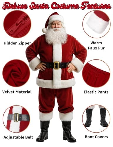 Ahititi Santa Claus Costume for Men Santa Suit Adults 11pcs Mens Deluxe Professional Christmas Clause Outfit Xmas Cosplay 2XL - Thumbnail 3