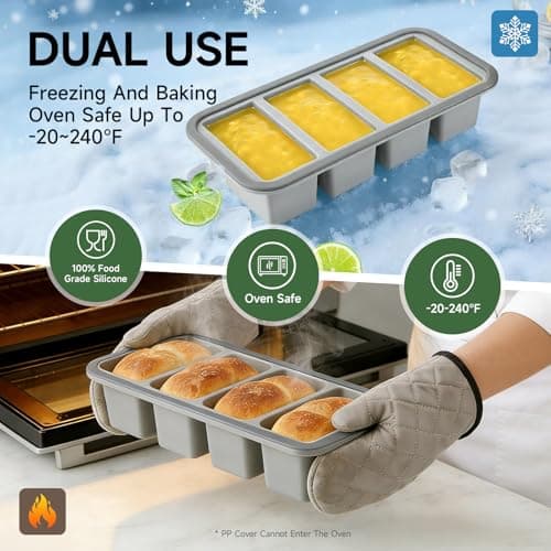Tvmania 2-Pack Silicone Freezer Tray with Lid - 1 Cup / 4 Compartment Soup Freezer Container for Broth, Sauce & Meal Prep - Large Ice Cube Tray for Whiskey - Stackable, Easy Release, Oven Safe - Thumbnail 5