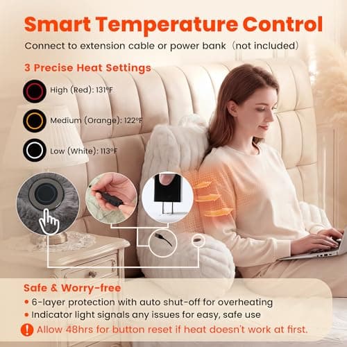 Amélie Home Heated Faux Fur Reading Pillow 3 Temperature Backrest for Sitting in Bed Support Cushion, USB-Powered(No Power Bank Included) Warming (113°F-131°F), 3H Auto Shutoff, Ivory, 18 Inches - Thumbnail 4