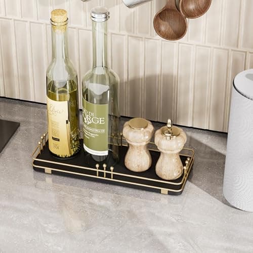 Pursura Bathroom Vanity Tray for Countertop Toiletries Perfume Makeup Soap Dispenser Toilet Tank, Kitchen Tray for Salt Spice, Decor Tray for Candle Nightstand Coffee 11.3”x 4.4” Black-Gold - Thumbnail 5
