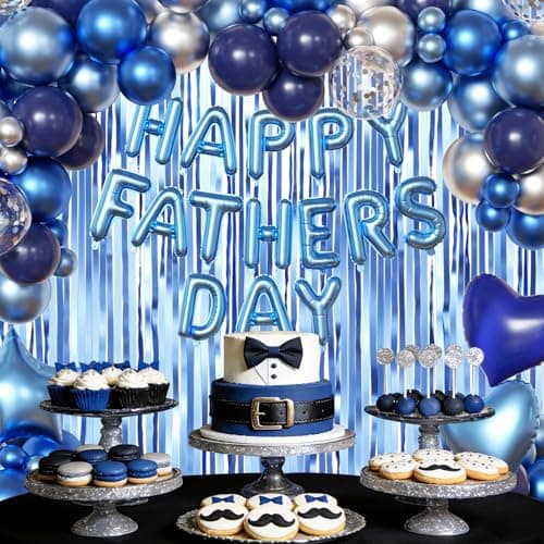 Happy Fathers Day Decorations, Metallic Blue Dark Blue Silver Foil Confetti Balloons Blue Fringe Curtains Banner for Father's Day Party Decorations - Thumbnail 4