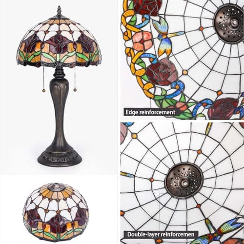 FILIUTF Stained Glass Table Lamp, Red Tulips Style Lampshade Reading Light 12X12X22 Inches, Adjustable 3 Color Temperature Decor for Bedroom Living Room - Thumbnail 6