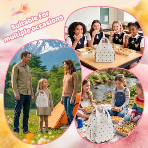 Easozoom Insulated Corduroy Lunch Bag for Teen Girl Kid Women, Large Lunch Box, Reusable Portable Leakproof Lunchbox for School Travel Office Picnic (Polka Dot&Bow White) - Thumbnail 6