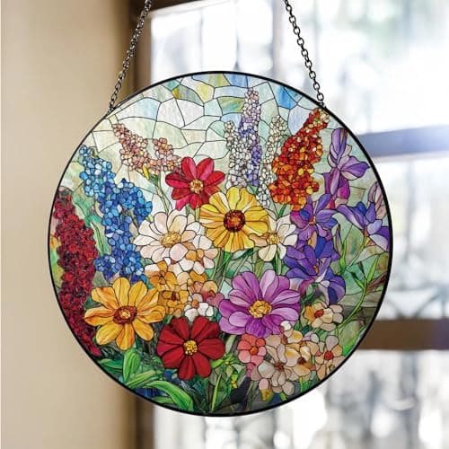 Colorful Wildflowers Suncatcher -7.9 in Stained Glass Window Hanging Sun Catcher Garden Decor - Thumbnail 2