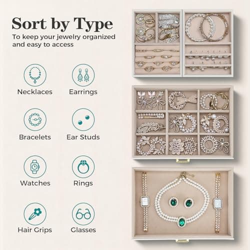 Dajasan Jewelry Organizer Box, Large Jewelry Boxes for Women Girls, Compact 3 Layers Jewelry Storage Case with Drawer, Movable Metal Stand, Modern, Gift Idea (Cloud White + Gold) - Thumbnail 4
