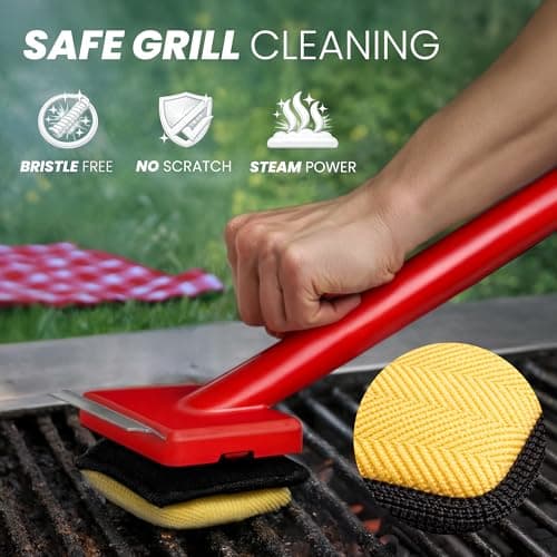 Grill Brush Bristle Free with 3 Replacement Brush Heads, Easy-Fit Cleaning Tool for Cast Iron/Stainless Steel Grates, Safe Barbecue Grill Cleaner - Thumbnail 2