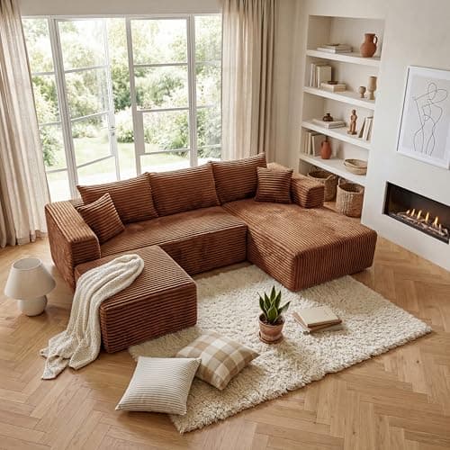 BSHOMGI 92.5'' U-Shaped Boneless Couches, Comfy Corduroy 3 Seaters Sofas with Ottoman, Modern High Back Sectional Sofa for Living Room with Oversized Chaise Deep Seat Sofa, No Assembly Needed - Image 1