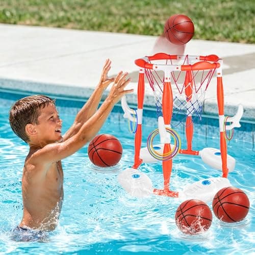LPFG Pool Basketball Hoop, 2-in-1 Floating Pool Toys 360° Shooting Ring Toss Games with 4 Balls 12 Rings & Pump, Indoor Outdoor Swimming Pools Basketball Water Play Toy for 4-8 8-12 Kids Adults - Image 1