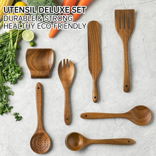 8 PCS Wooden Utensil Set with Holder, Spoon Rest, Durable Wooden Spoons for Cooking, Heat-Resistant, Comfort Grip,Easy to Clean, Non-stick Friendly, Ideal for Gifting - Thumbnail 4